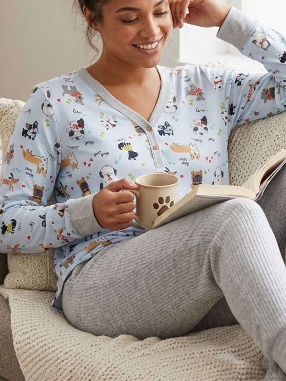 Cuddl Duds Light Blue Dog Pattern Long-Sleeve Pajama Top